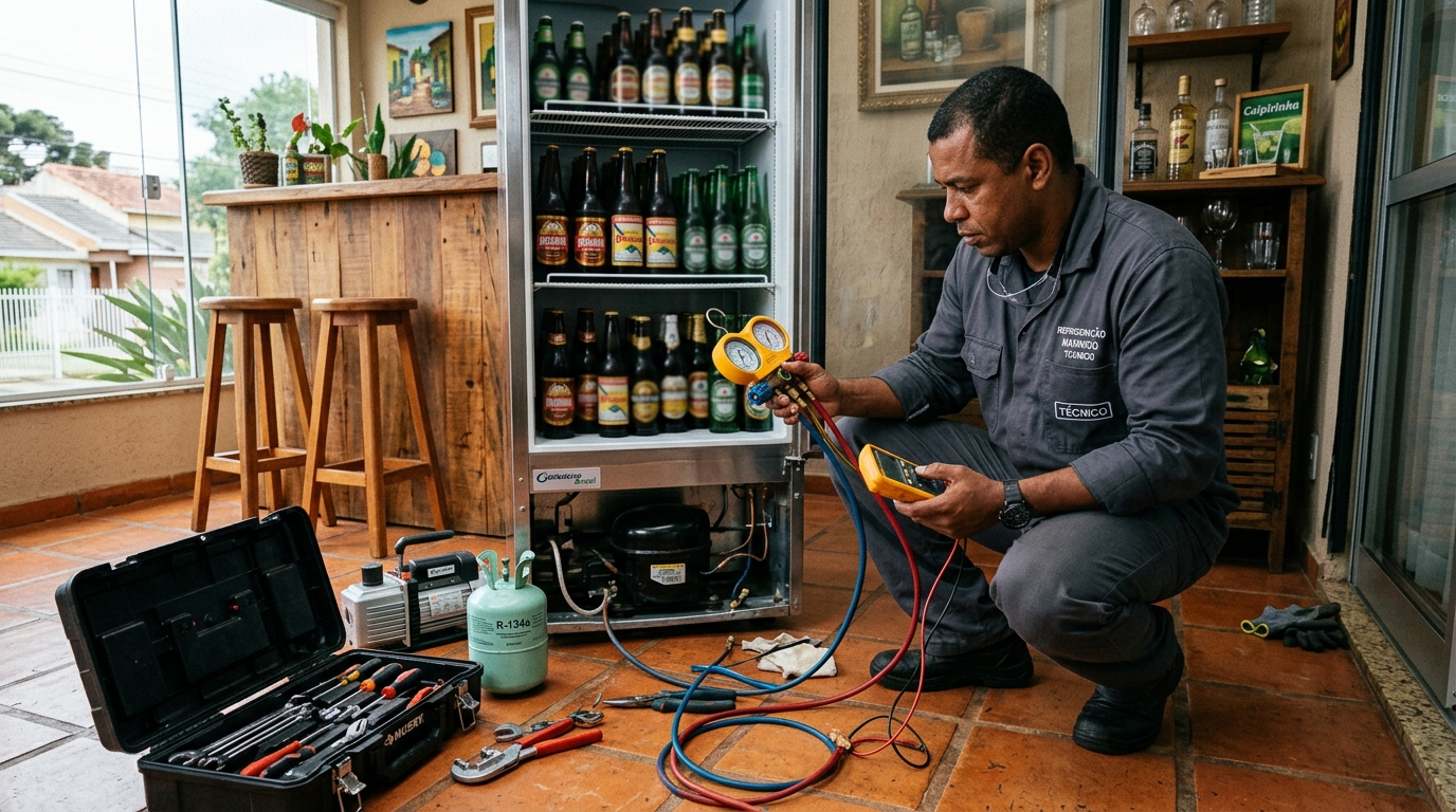 Técnico realizando manutenção de motor de cervejeira em Manaus‑AM