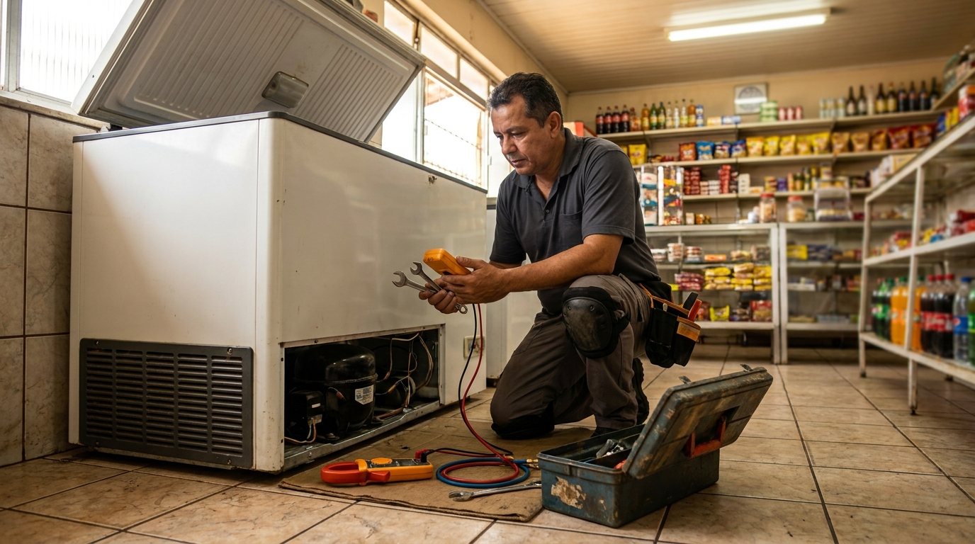 Técnico realizando manutenção de motor de freezer em Manaus‑AM