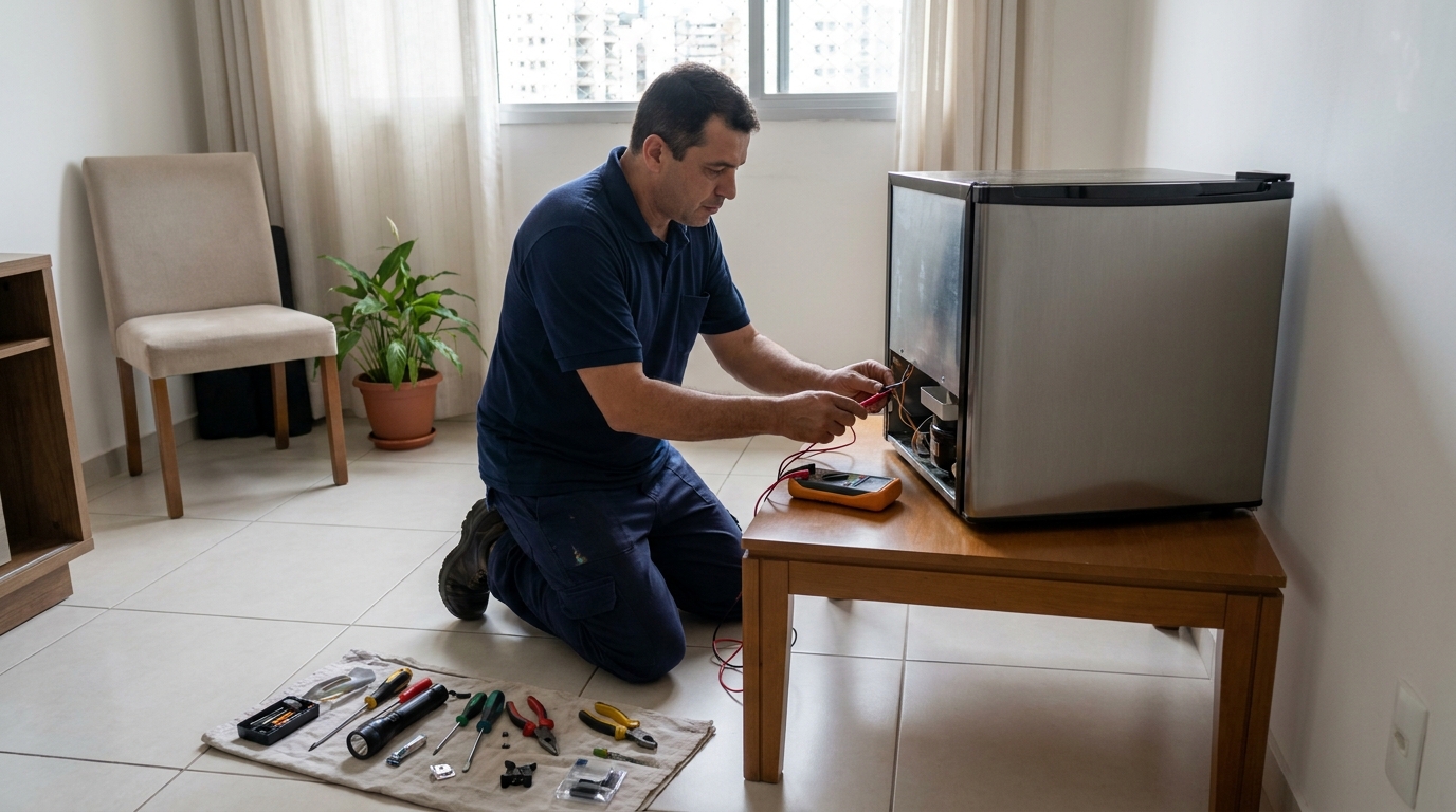 Técnico realizando manutenção de motor de frigobar em Manaus‑AM