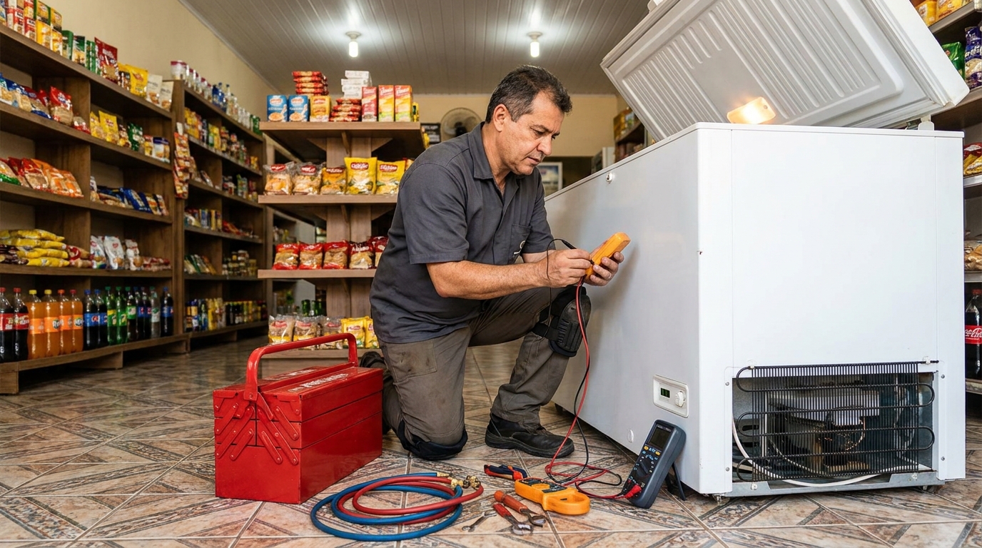 Recarga de gás refrigerante em freezer em atendimento em Manaus‑AM